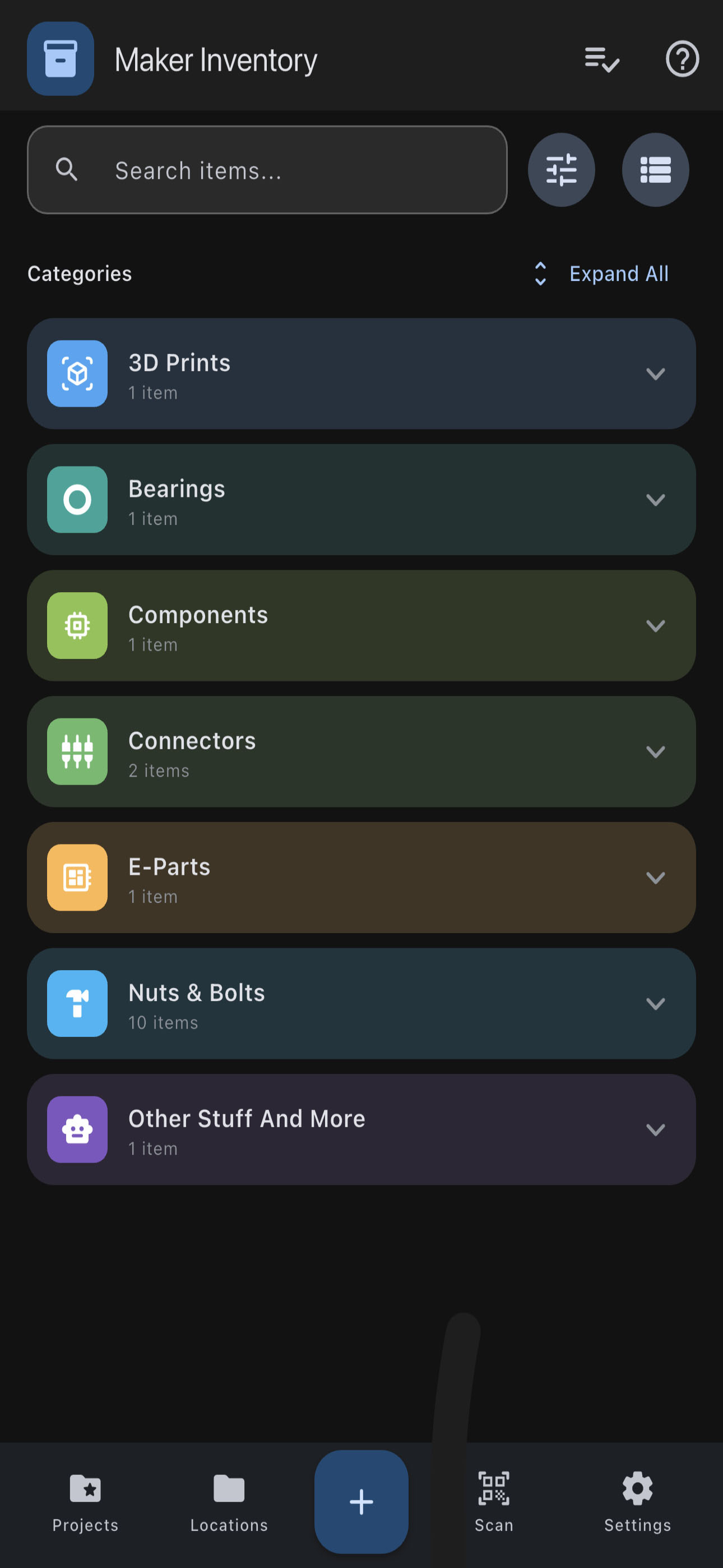 Maker Inventory screenshot: Home / Items
